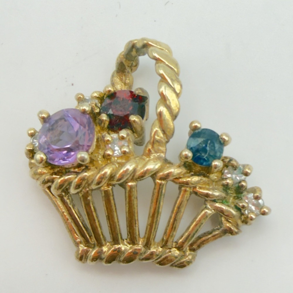 Vtg Sterling Silver Flower Basket Pendant Saphire Garment Amethyst Vermeil 925 - Picture 2 of 12